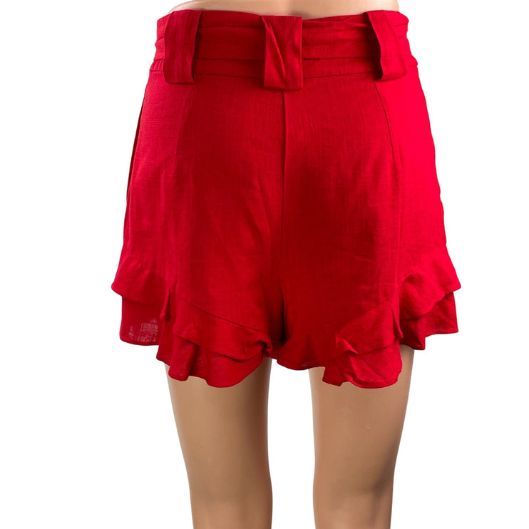 Chriselle JOA Women's Red High Waisted Belted Ruffle Tiered Mini Shorts Size XS