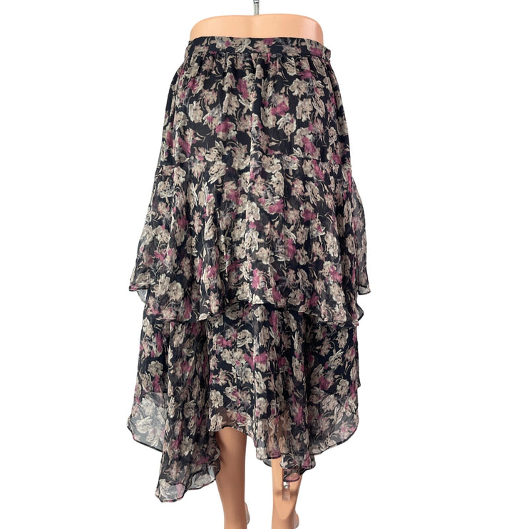 Loveshackfancy Alex Black 100% Silk Floral Tiered High Waist Midi Skirt Size XS