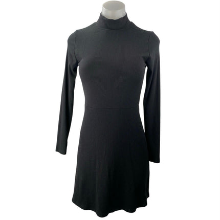 Women's Black Long Sleeve Ribbed Knit Turtleneck A Line Mini Dress Size XXS