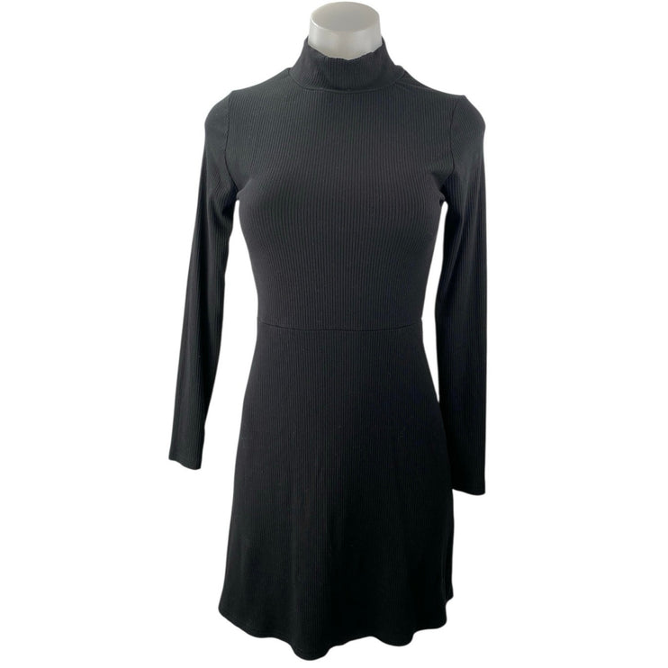 Women's Black Long Sleeve Ribbed Knit Turtleneck A Line Mini Dress Size XXS