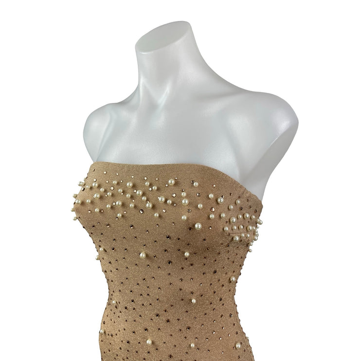 NEW PrettyLittleThing Gold Bandeau Tube Beaded Rhinestone Maxi Bodycon Dress 4
