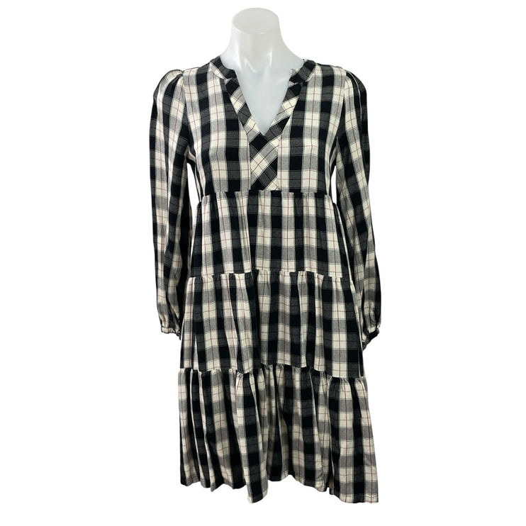 Anthropologie Maeve Amber Black White Plaid Checkered Tiered Tunic Mini Dress XS