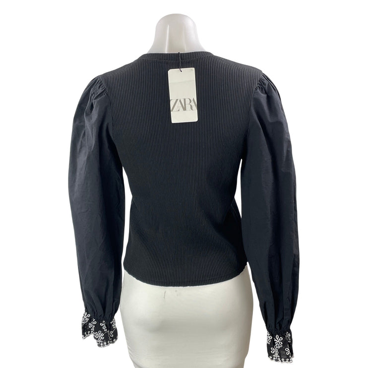 NEW Zara Women's Black Long Balloon Sleeve Floral Ribbed Knit Blouse Top Size M