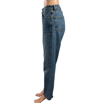 Zara Blue Medium Wash High Waist Frayed Hem Straight Leg Denim Jeans Pants Sz S