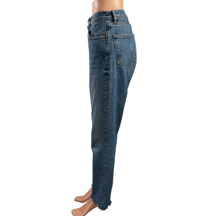 Zara Blue Medium Wash High Waist Frayed Hem Straight Leg Denim Jeans Pants Sz S