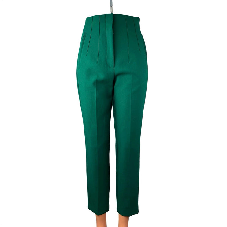 Zara Womens Green High Waisted Pintuck Straight Leg Trousers Dress Pants Size XS