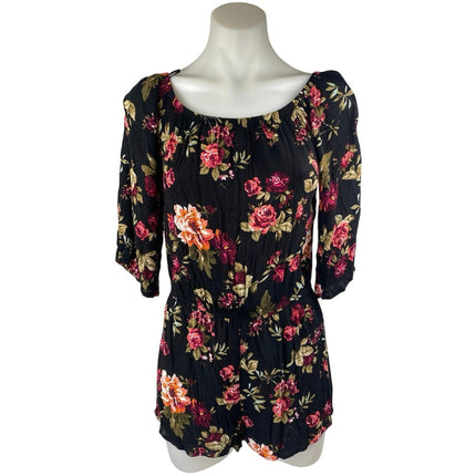 Ambiance Women's Black Floral 3/4 Sleeve Off Shoulder Wide Leg Jumpsyut Romper S