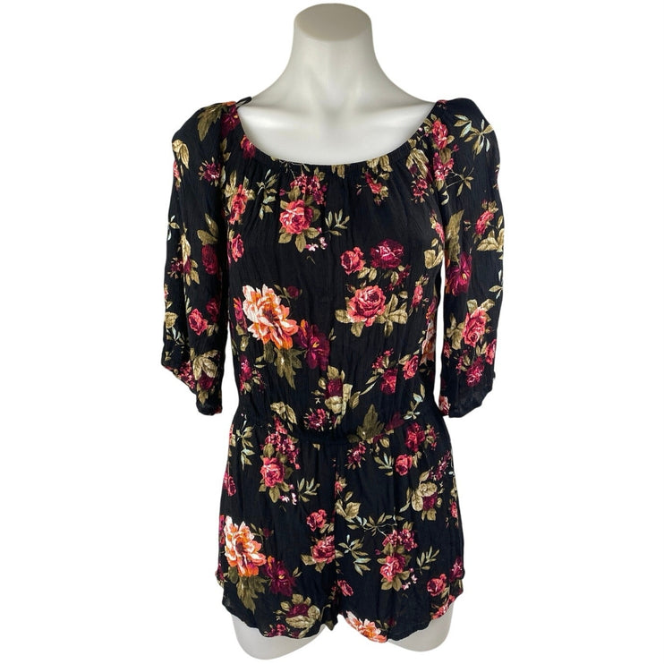 Ambiance Women's Black Floral 3/4 Sleeve Off Shoulder Wide Leg Jumpsyut Romper S