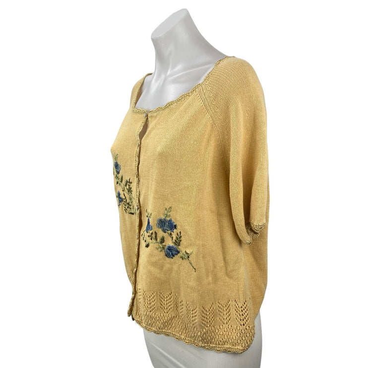 R&K Womens Yellow Floral Embroidered Short Sleeve Button Down Sweater Top Size M