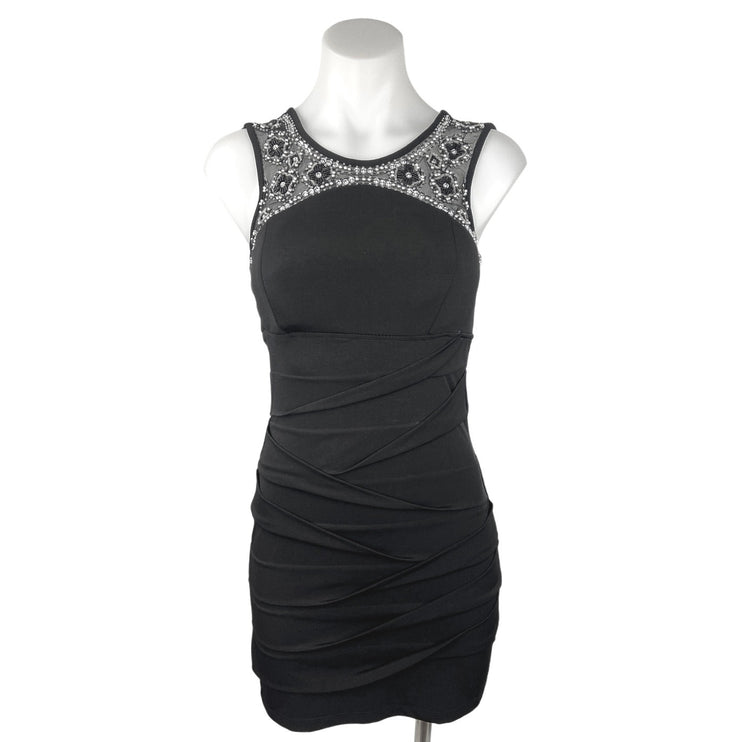 Deb Black Beaded Embellished Sleeveless Ruched Cocktail Bodycon Mini Dress Sz S