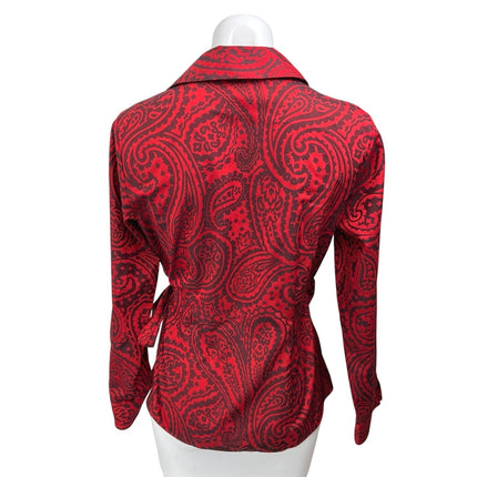 Foxcroft Salina Red Black Paisley Jacquard Long Sleeve Wrap Tie Blouse Top Sz S