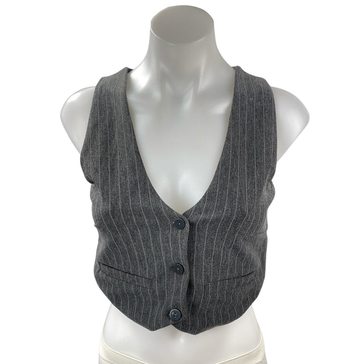 Stradivarius Women's Gray Pinstriped V Neck Button Down Vest Crop Top Size M