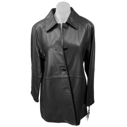 NEW Ellen Tracy Black Leather Button Up Collar Long Sleeve Blazer Coat Jacket M