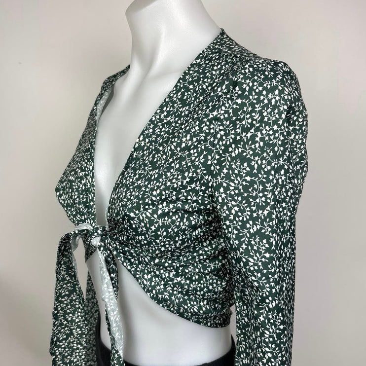 Shein Green Floral Print Tie Front V Neck Flare Bell Sleeve Crop Top Blouse XS