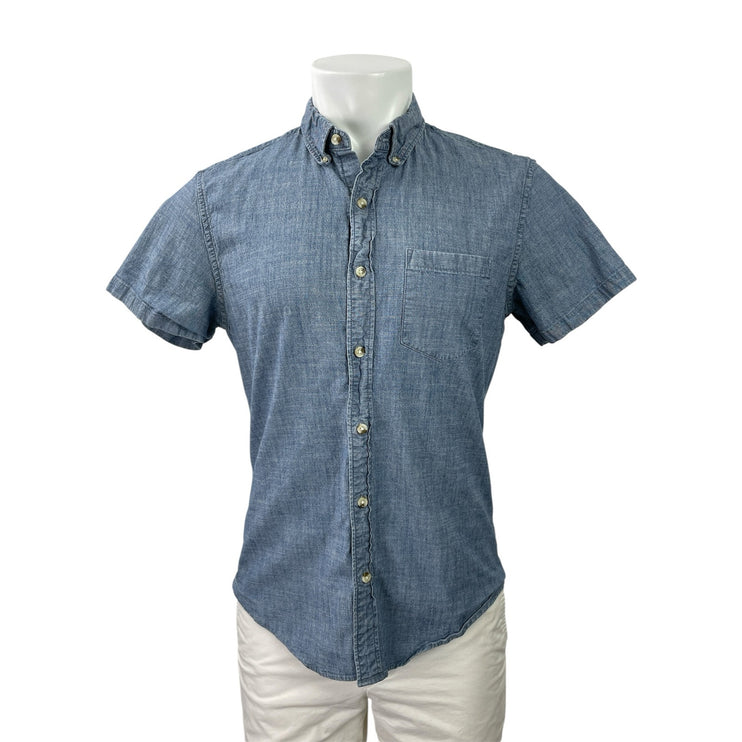 J.Crew Flex Mens Blue Collared Short Sleeve Button Down Denim Shirt Top Size M