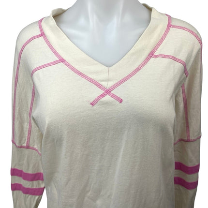 Free People Cream Pink V Neck Striped Oversized Pullover Sweatshirt Top Size S