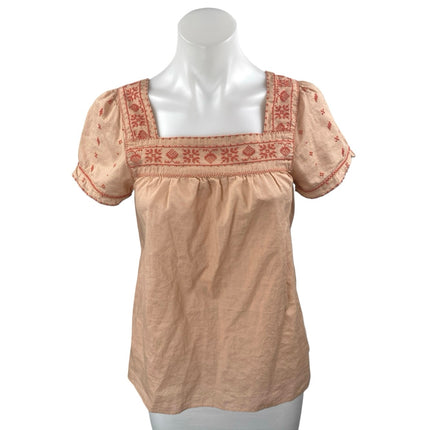 Madewell Peach Orange Embroidered Square Neck Short Puff Sleeve Blouse Top XS