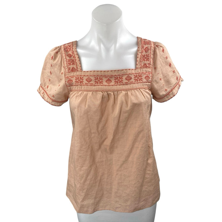Madewell Peach Orange Embroidered Square Neck Short Puff Sleeve Blouse Top XS