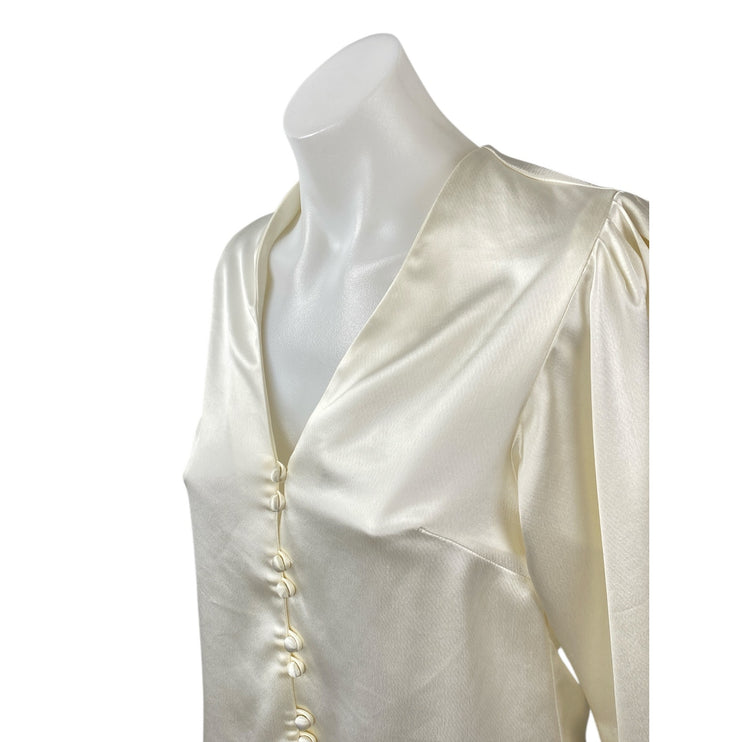 Kimberly Taylor Ivory Cream Silk Satin Long Puff Sleeve Button Down Blouse XS
