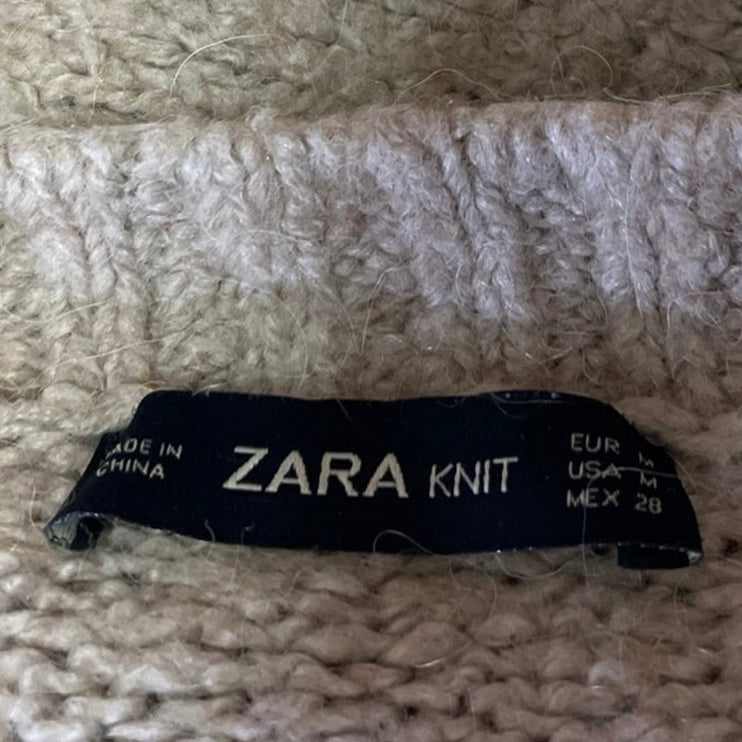 Zara Women's Tan Beige Alpaca Wool Knit Butterfly Sequin Beaded Sweater Top Sz M