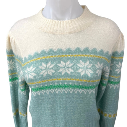 J.Crew Cream Blue Fair Isle Ribbed Knit Crew Neck Pullover Sweater Top Size M