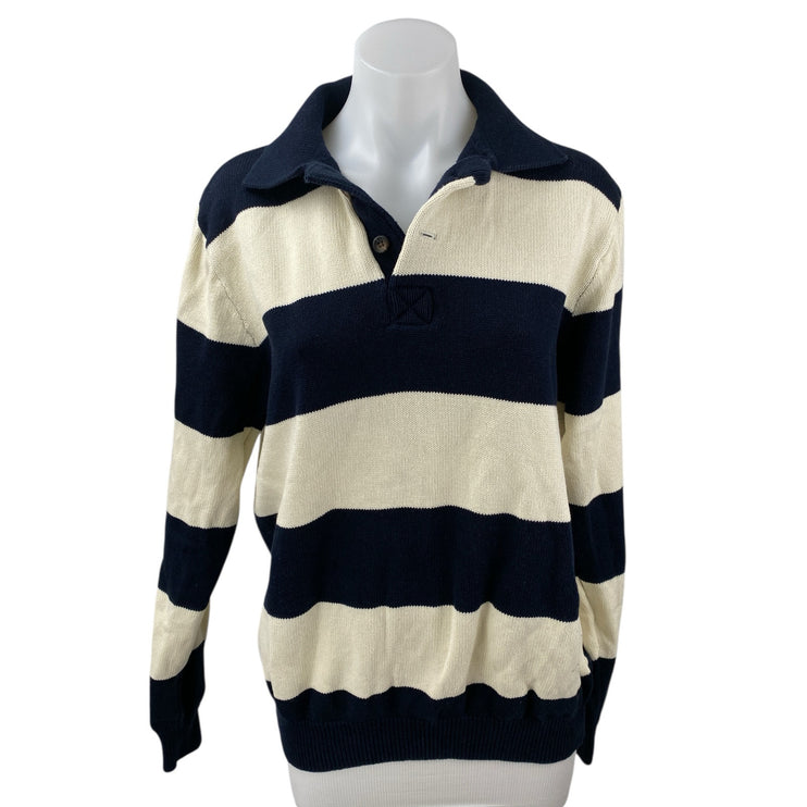 Brandy Melville Blue Cream Stripe Collared Long Sleeve Henley Sweater Top Size M