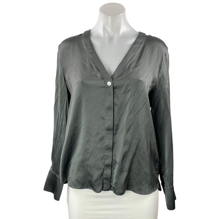 Club Monaco Women's Gray 100% Silk V Neck Long Sleeve Button Down Shirt Size S