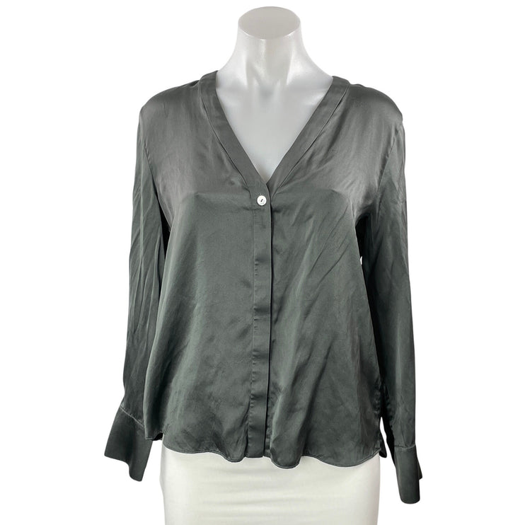 Club Monaco Women's Gray 100% Silk V Neck Long Sleeve Button Down Shirt Size S