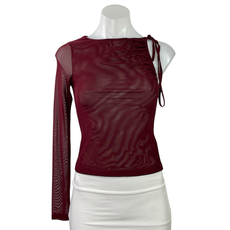 Edikted Jupiter Burgundy Red One Shoulder Long Sleeve Mesh Sheer Blouse Top Sz S