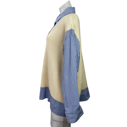 Zara Women's Cream Blue Long Sleeve Striped Contrast Shirt Sweater Top Size XS