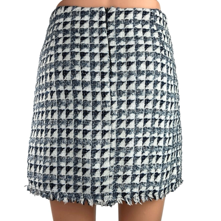 Mango Suit Blue White Tweed Fringe Button Details Mini Straight Pencil Skirt 2