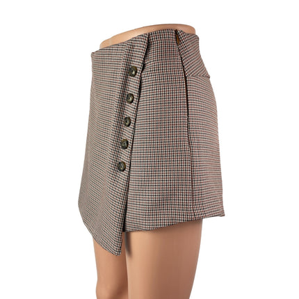 Women's Gray Houndstooth High Waisted Button Wrap Skort Skirt Shorts Size S