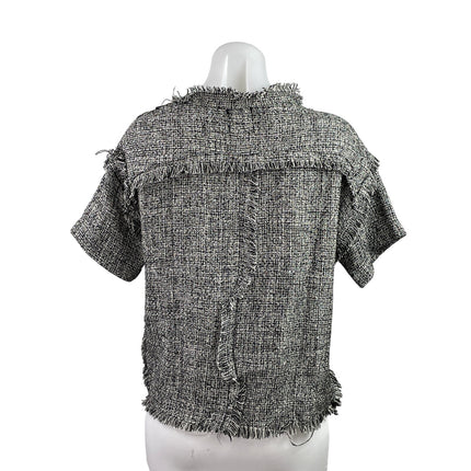 By Lolli J Women's Gray Tweed Fringe Short Sleeve Patchwork Blouse Top Size M