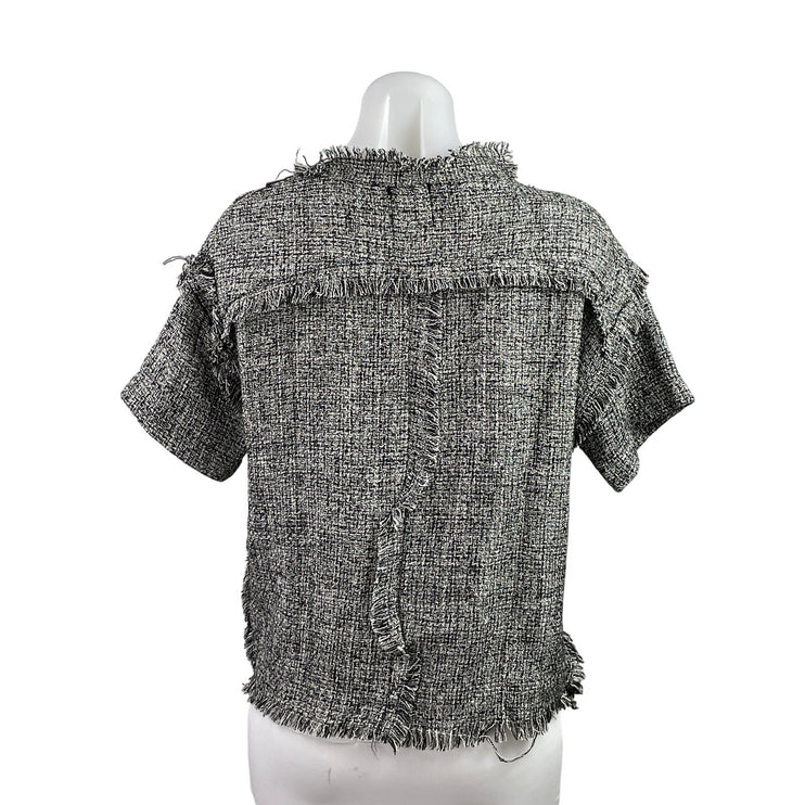 By Lolli J Women's Gray Tweed Fringe Short Sleeve Patchwork Blouse Top Size M