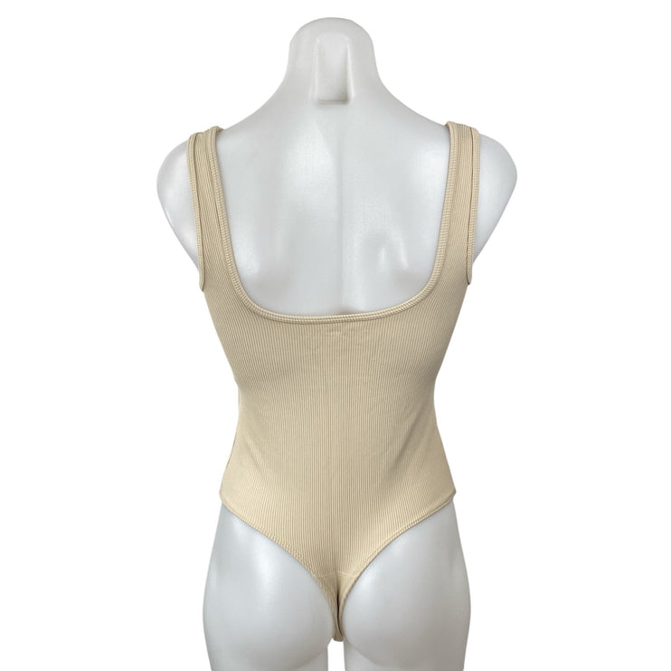 NEW Abercrombie & Fitch Cream Sleeveless Zip Knit Thong Tank Bodysuit Top Size S