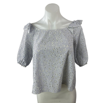 Zara Womens White Blue Striped Embroidered Eyelet Short Sleeve Blouse Top Size S