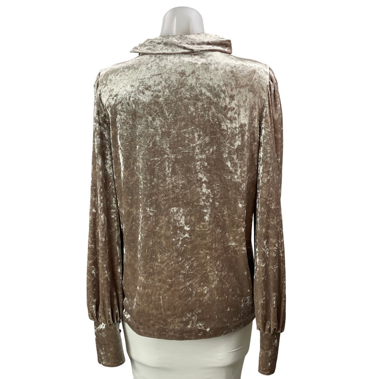 Leha Women Beige Velvet Velour Long Sleeve Tie Bow Mock Neck Blouse Top Size M