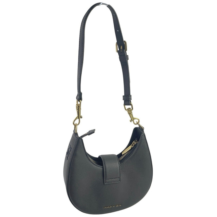 Charles & Keith Itzy Gabine Black Leather Korean KPOP Belted Hobo Handbag OS