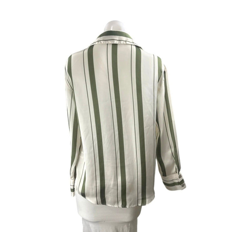 Zara Women's Green Satin Striped Collared Long Sleeve Button Down Shirt Top XS