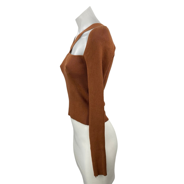 Intermix Naria Brown Long Sleeve Cut-Out Ribbed Knit Cropped Sweater Top Size S