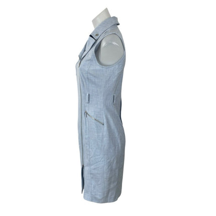 Calvin Klein Denim Motto Zip Blue Sleeveless Notched Collar Midi Sheath Dress 4P
