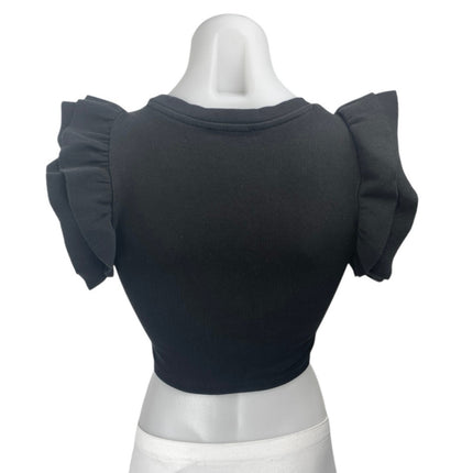 Zara Women's Black Ruffle Sleeve Ribbed Knit Crew Neck Crop Blouse Top Size M