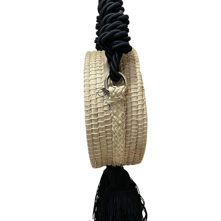 Women's Beige Fringe Tassel Rope Strap Crossbody Straw Summer Round Handbag OS