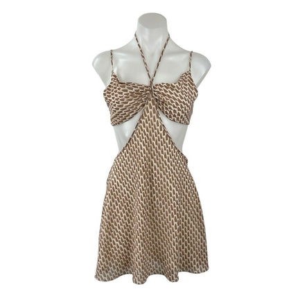 Hallelu Brown Geometric Halter Sleeveless Cutout Tie A Line Mini Dress Size M
