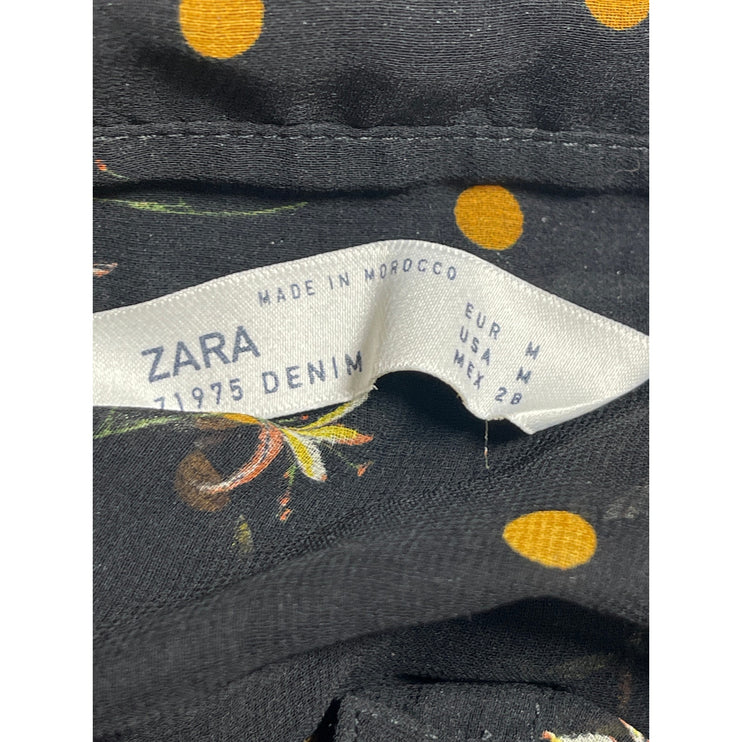 Zara Women's Black Polka Dots Leaf Mesh Sheer Long Sleeve Button Up Shirt Top M