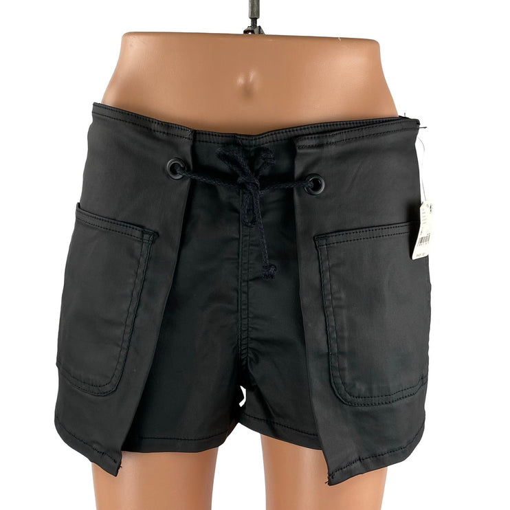 Free People Billie Womens Black Faux Vegan Leather Tie Front Wrap Cargo Shorts 6