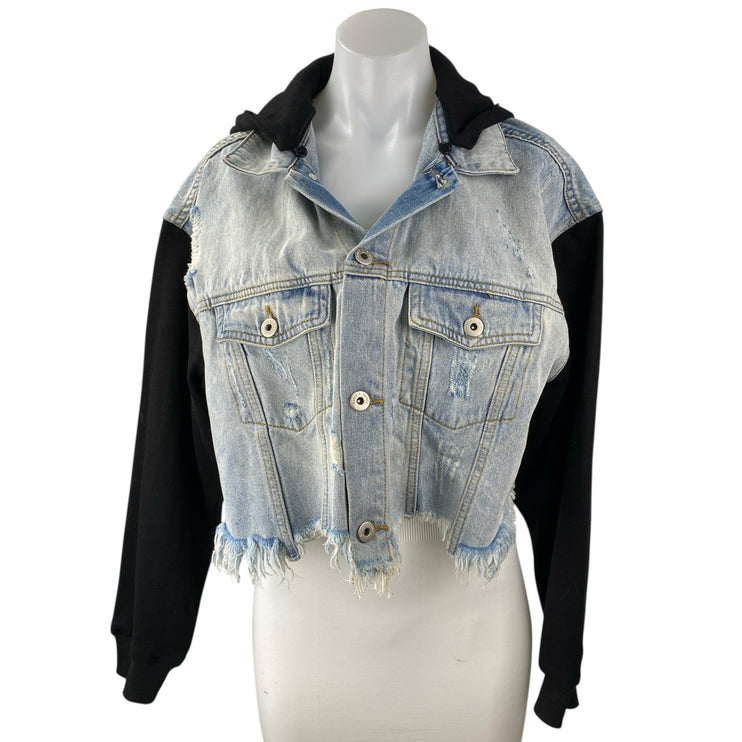 Dance & Marvel Blue Black Hoodie Hooded Distressed Crop Denim Jean Jacket Size S