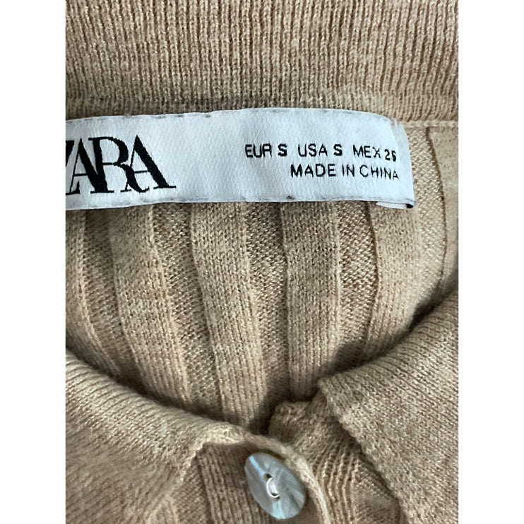 Zara Tan Rib Knit Wool Long Sleeve Collared Button Down Cardigan Sweater Top S