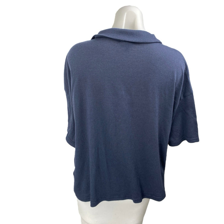 Tahari Women's Navy Blue Knit Short Sleeve Pocket Button Up Shirt Top Size L