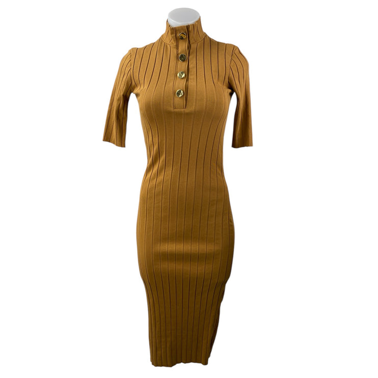 Zara Brown Ribbed Knit Mock Neck Short Sleeve Midi Bodycon Sweater Dress Size M